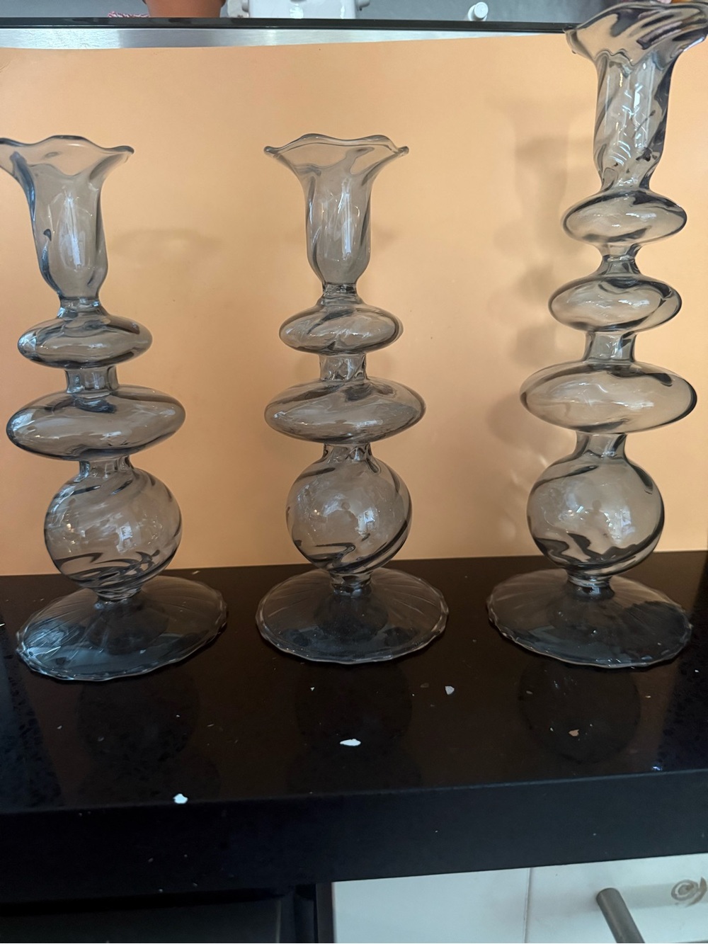 Smoky Gray Glass Sculptural Candle Holders - Set of 3
